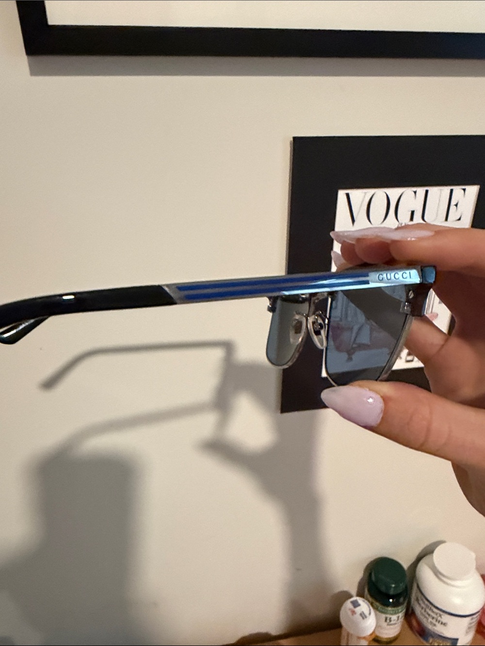 Gucci Two-Tone Blue and Black Shield Sunglasses with Silver Accents